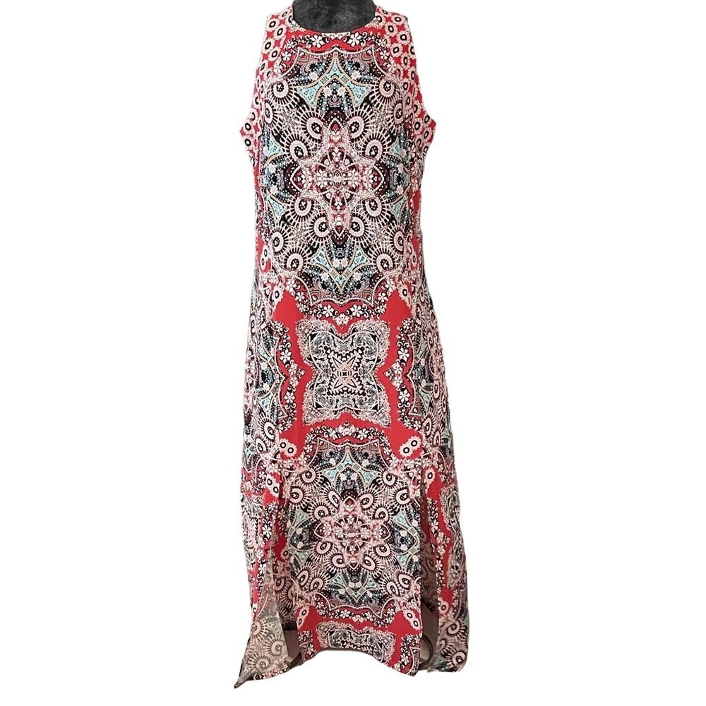 London Times Print Sleeveless Maxi Dress, Blue Coral, Red Slits Stretch Size 16w